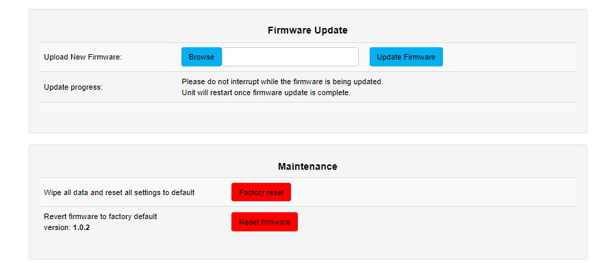 S-PLAY NANO boot page — Firmware Update panel with Browse and Update Firmware buttons, and Maintenance panel with Factory reset and Reset firmware buttons