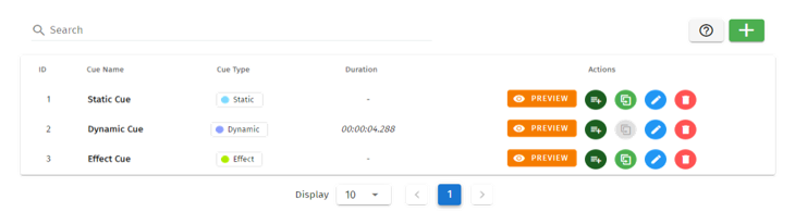 S-PLAY NANO Cue page — up to 4 cues created from Static, Dynamic and Effect types with Preview, Duplicate, Edit and Delete actions and the green + create button