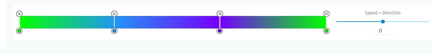 S-PLAY NANO effect editor gradient bar with editable colour points and the Speed + Direction slider used to set playback speed and direction