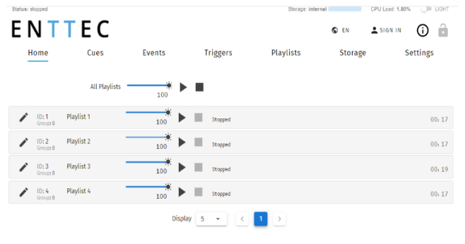S-PLAY NANO Home page — top menu with EN language, Sign In and lock controls, All Playlists master intensity and play/stop, and per-playlist rows (ID, name, intensity, play/stop, status and duration)