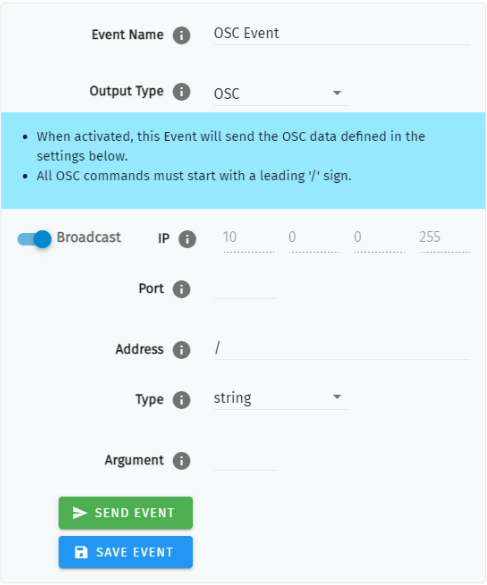 S-PLAY NANO OSC Event configuration — Output Type OSC, with Broadcast, IP, Port, Address, Type and Argument fields