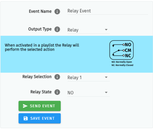 S-PLAY NANO Relay Event configuration — Output Type Relay, Relay Selection and Relay State (NO/NC) with a NO/CM/NC contact diagram