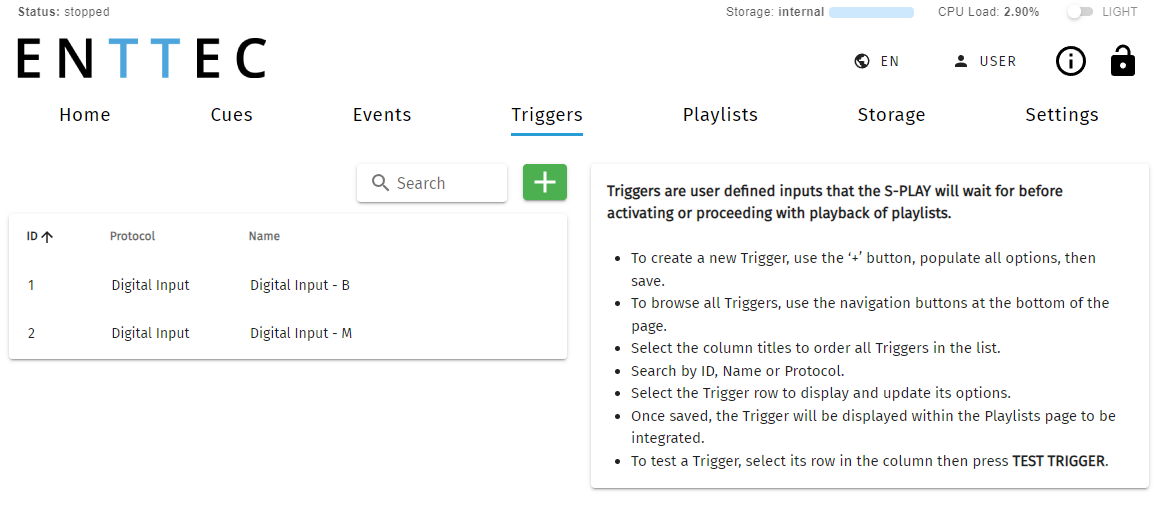 S-PLAY NANO Triggers page