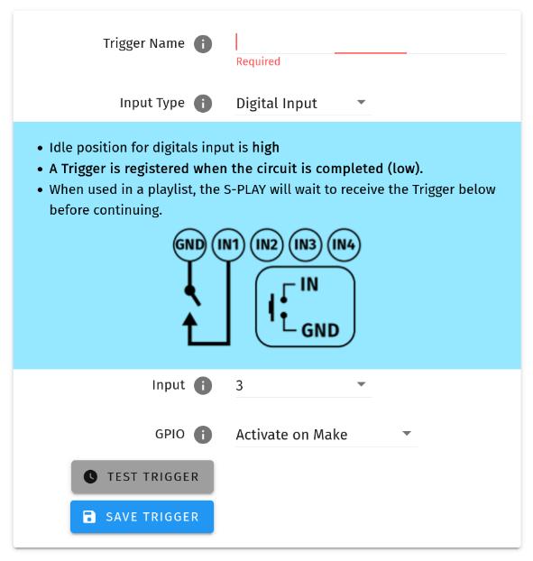 S-PLAY NANO Digital Input trigger settings — Input Type Digital Input, port selection (IN1–IN4 to GND) and Activate on Make/Break