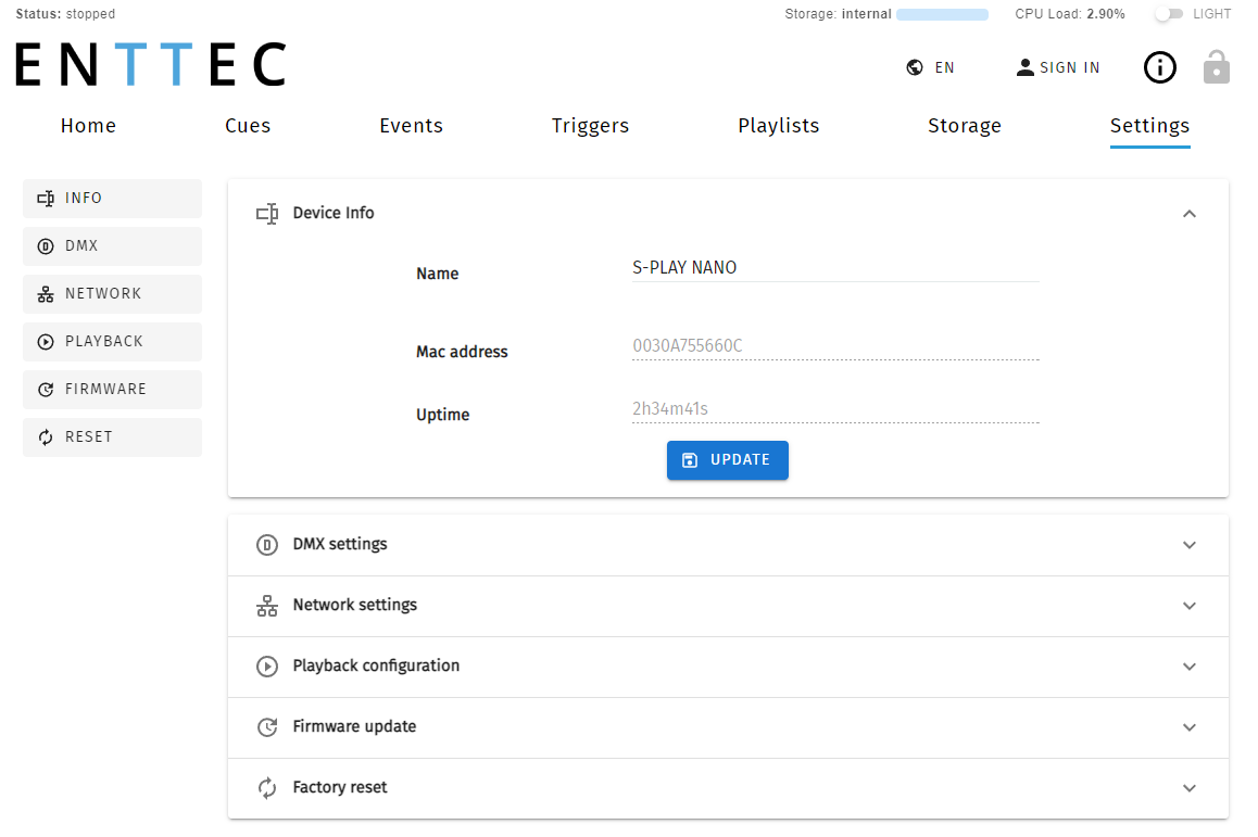 S-PLAY NANO Settings page