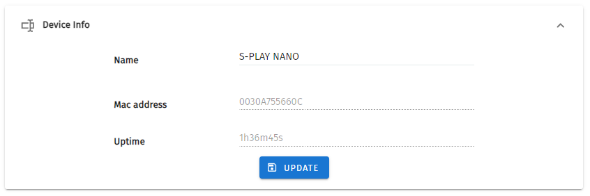 S-PLAY NANO Settings — Device Info panel showing editable Name, Mac address and Uptime with an Update button