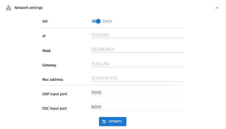 S-PLAY NANO Settings — Network settings panel with DHCP toggle, IP, Mask, Gateway, Mac address, UDP input port and OSC input port