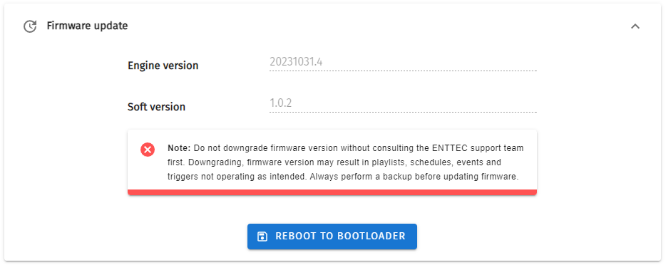 S-PLAY NANO Settings — Firmware update panel showing Engine version, Soft version, a downgrade warning and the Reboot to Bootloader button