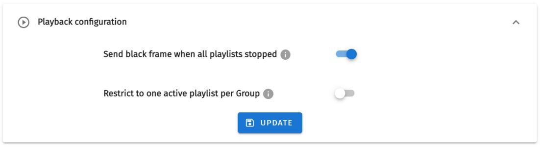 S-PLAY NANO Settings — Playback configuration panel with 'Send black frame when all playlists stopped' and 'Restrict to one active playlist per Group' toggles