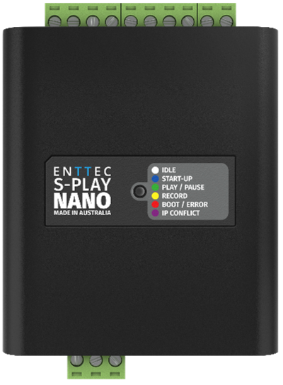 S-PLAY NANO device showing the forward-facing LED status indicator with its colour legend: Idle, Start-up, Play/Pause, Record, Boot/Error and IP Conflict