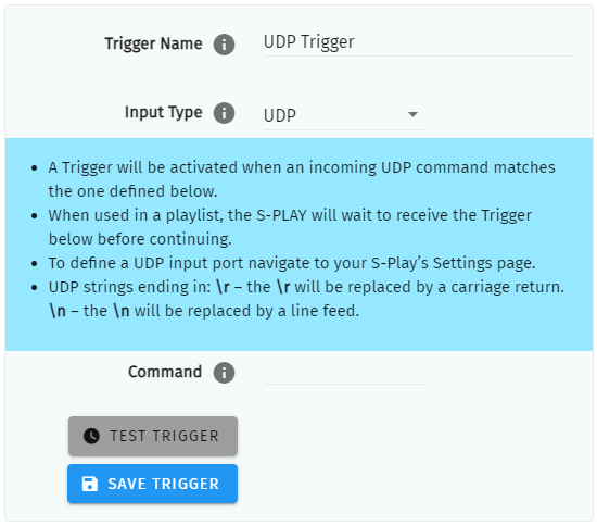 S-PLAY NANO UDP trigger settings — Trigger Name, Input Type set to UDP, the activation rules and the Command field with Test Trigger and Save Trigger buttons