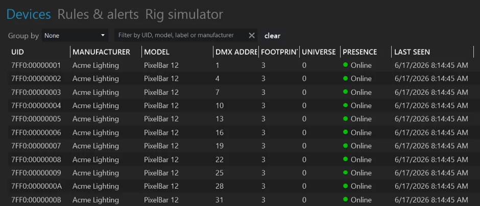 ELM Sentry Devices view listing 288 RDM fixtures across 3 gateways, each with its address, universe, online status and the time it was last seen