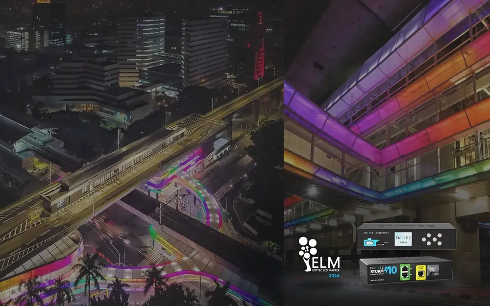 Two views of the CSW-ASEAN skybridge after dark, an overhead drone shot of the rainbow-edged walkways around the MRT viaduct beside a close view of the lit glass panels underneath