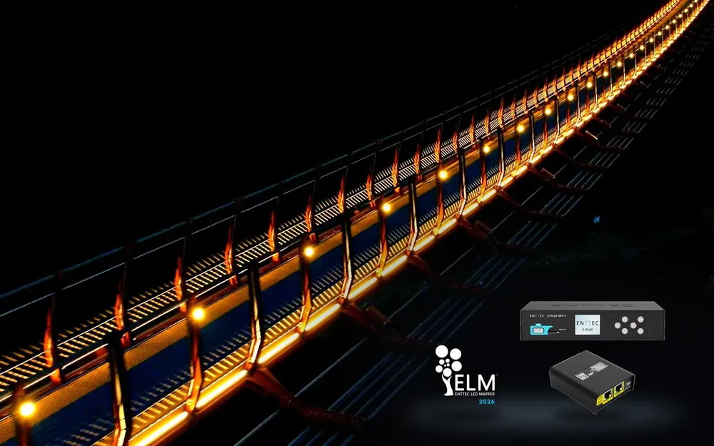 Daewangam Park footbridge after dark, amber pixel bars ranked along the handrail and blue light washing the deck as it curves away