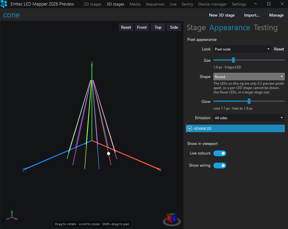 The cone imported as a 3D stage in ELM, with its pixel appearance settings