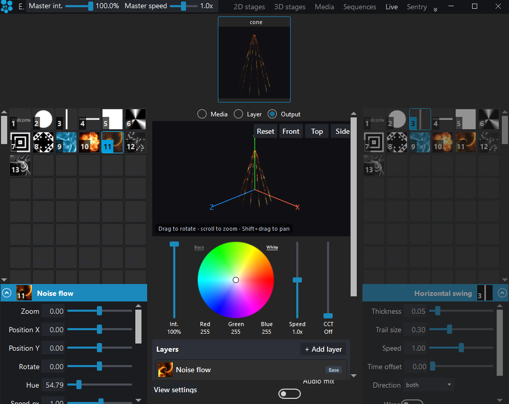 The cone running live in ELM with an effect layer playing