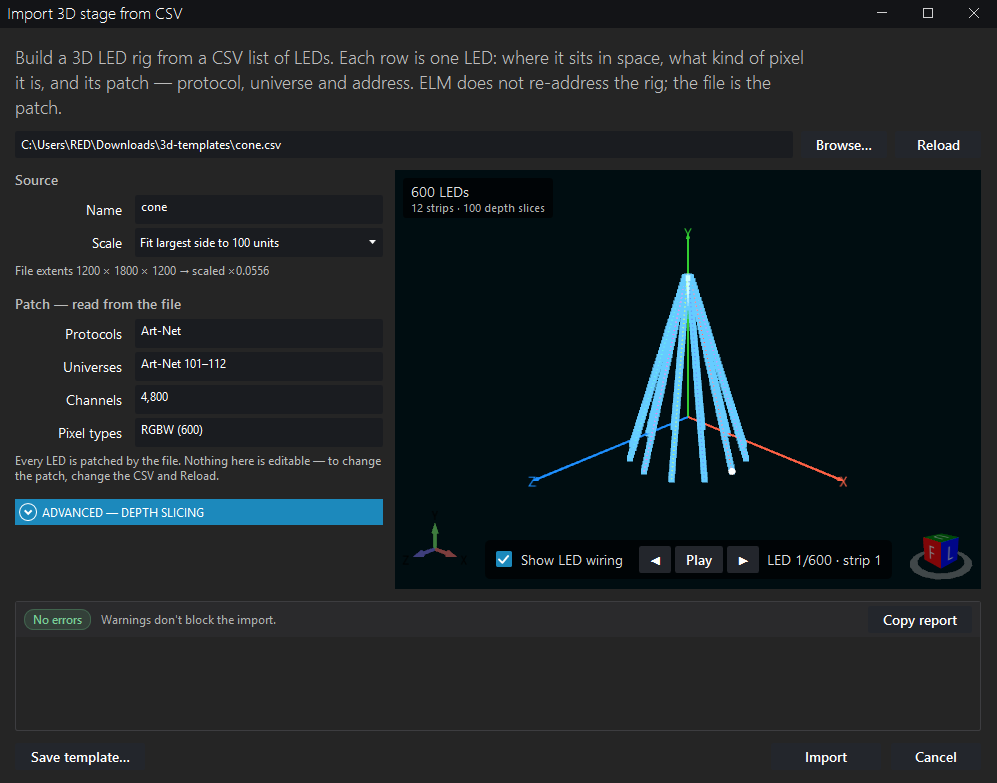 The cone CSV in the ELM Import 3D stage dialog, with its preview and validation report