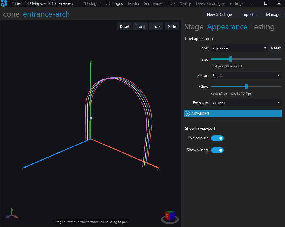 The entrance arch imported as a 3D stage in ELM, with its pixel appearance settings