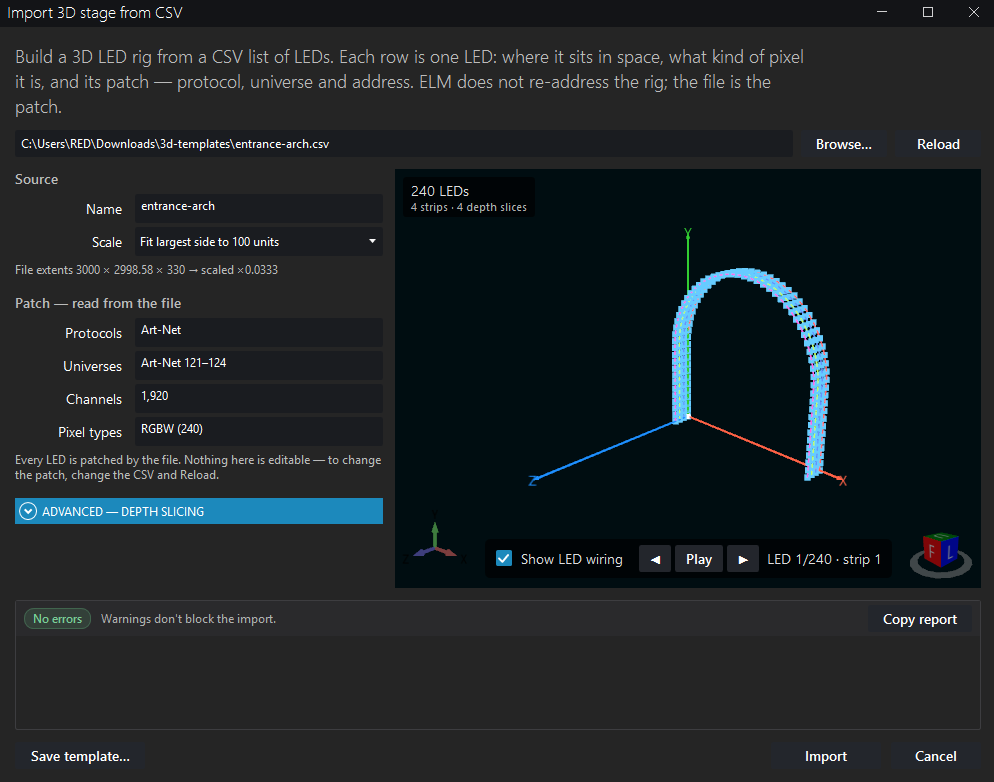 The entrance arch CSV in the ELM Import 3D stage dialog, with its preview and validation report
