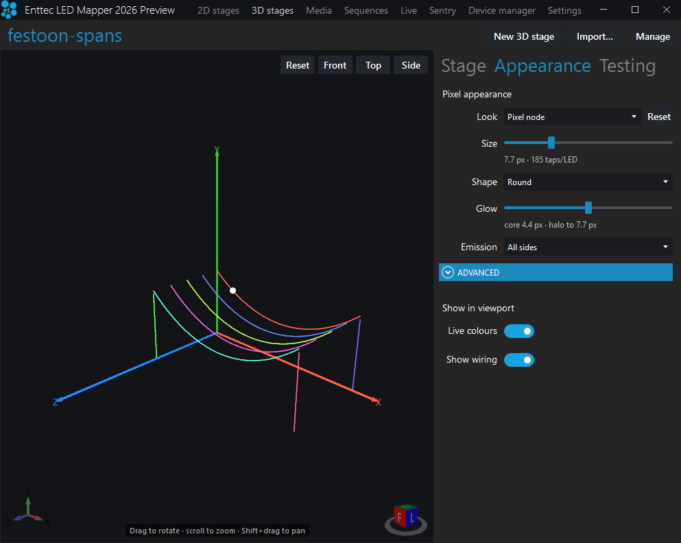 The festoon spans imported as a 3D stage in ELM, with its pixel appearance settings