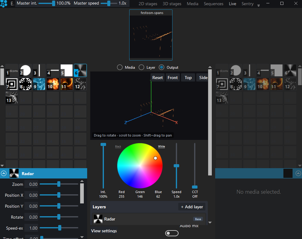 The festoon spans running live in ELM with an effect layer playing