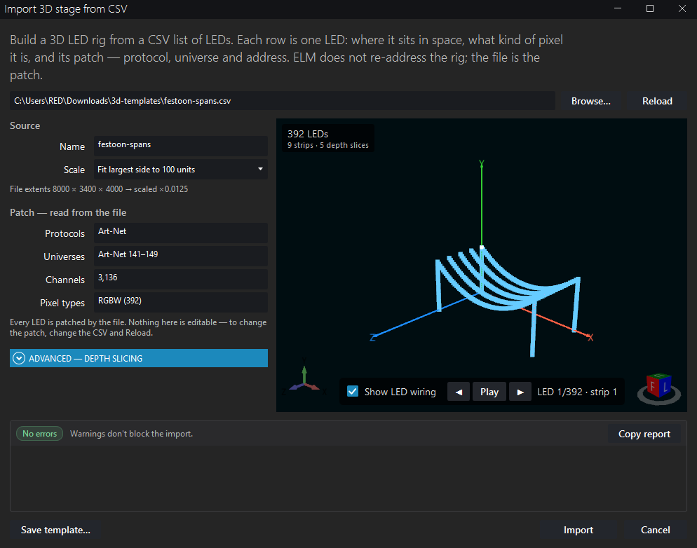 The festoon spans CSV in the ELM Import 3D stage dialog, with its preview and validation report