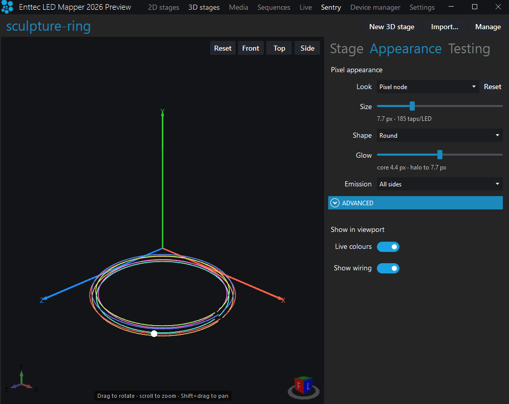 The sculpture ring imported as a 3D stage in ELM, with its pixel appearance settings