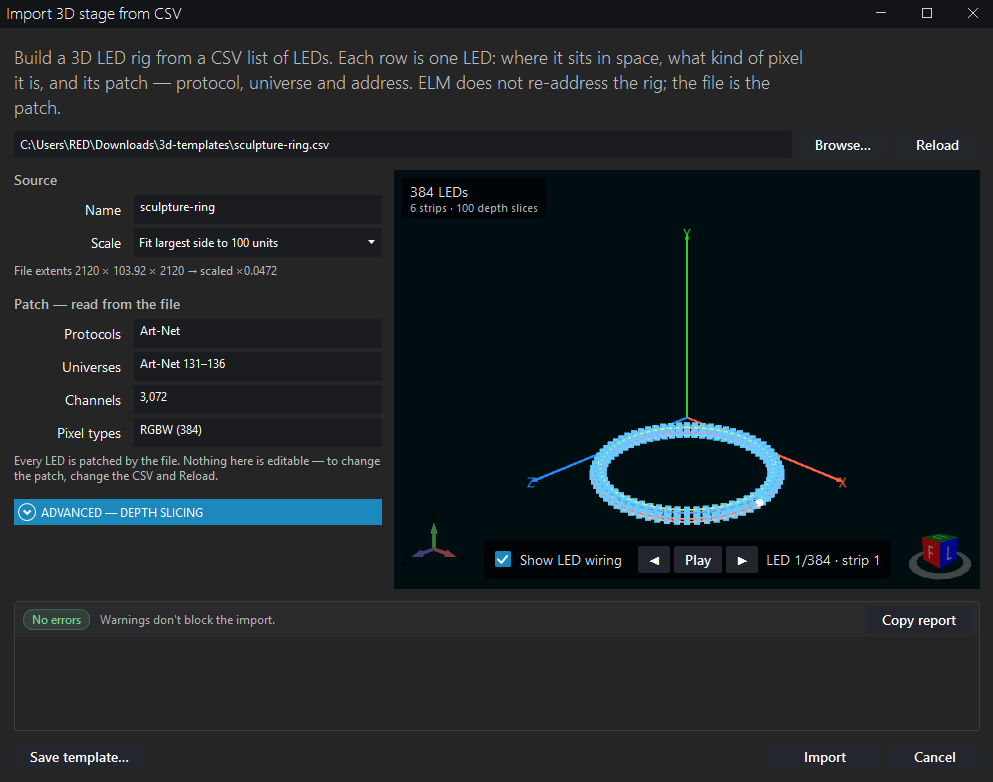 The sculpture ring CSV in the ELM Import 3D stage dialog, with its preview and validation report