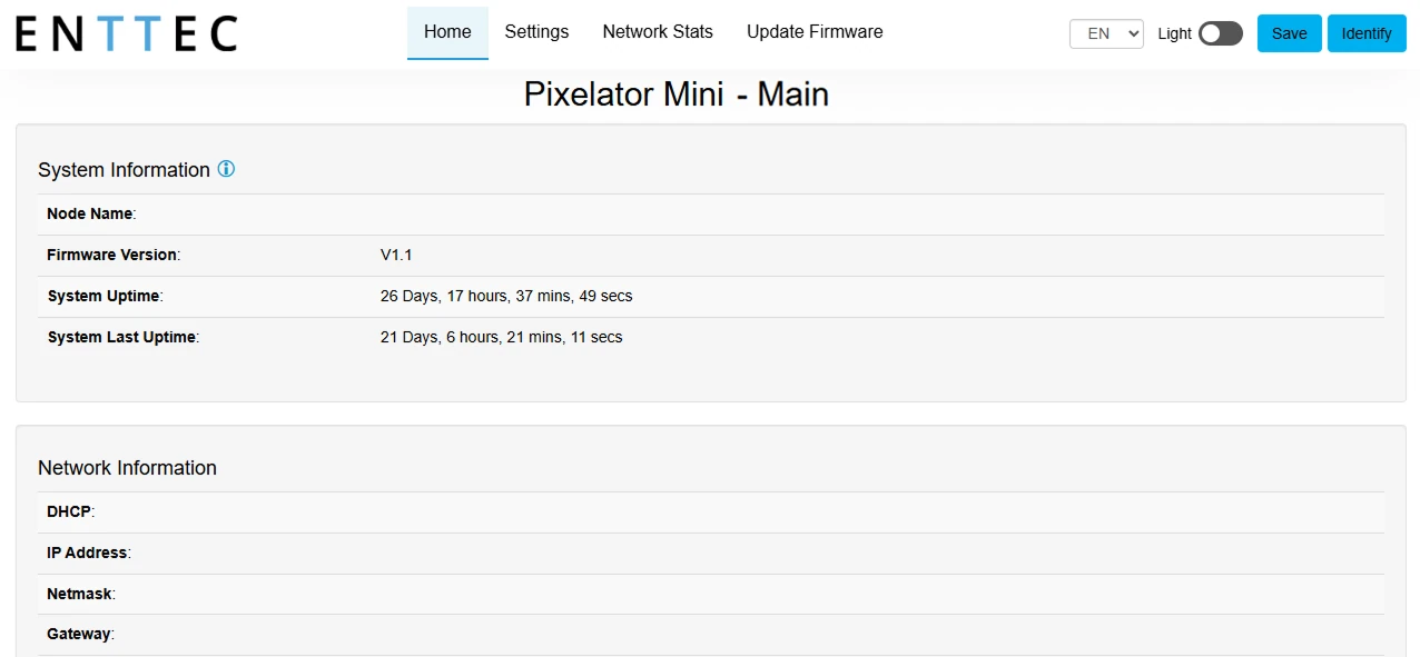 The Pixelator Mini web interface in a browser, open on its Main page with Home, Settings, Network Stats and Update Firmware tabs, showing system information such as firmware version and uptime, and the network settings below.