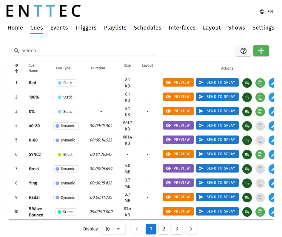The S-PLAY web interface, Cues page