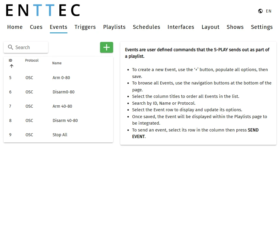 The S-PLAY web interface, Events page