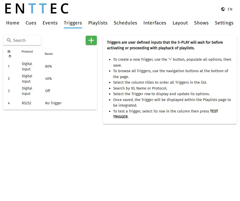 The S-PLAY web interface, Triggers page