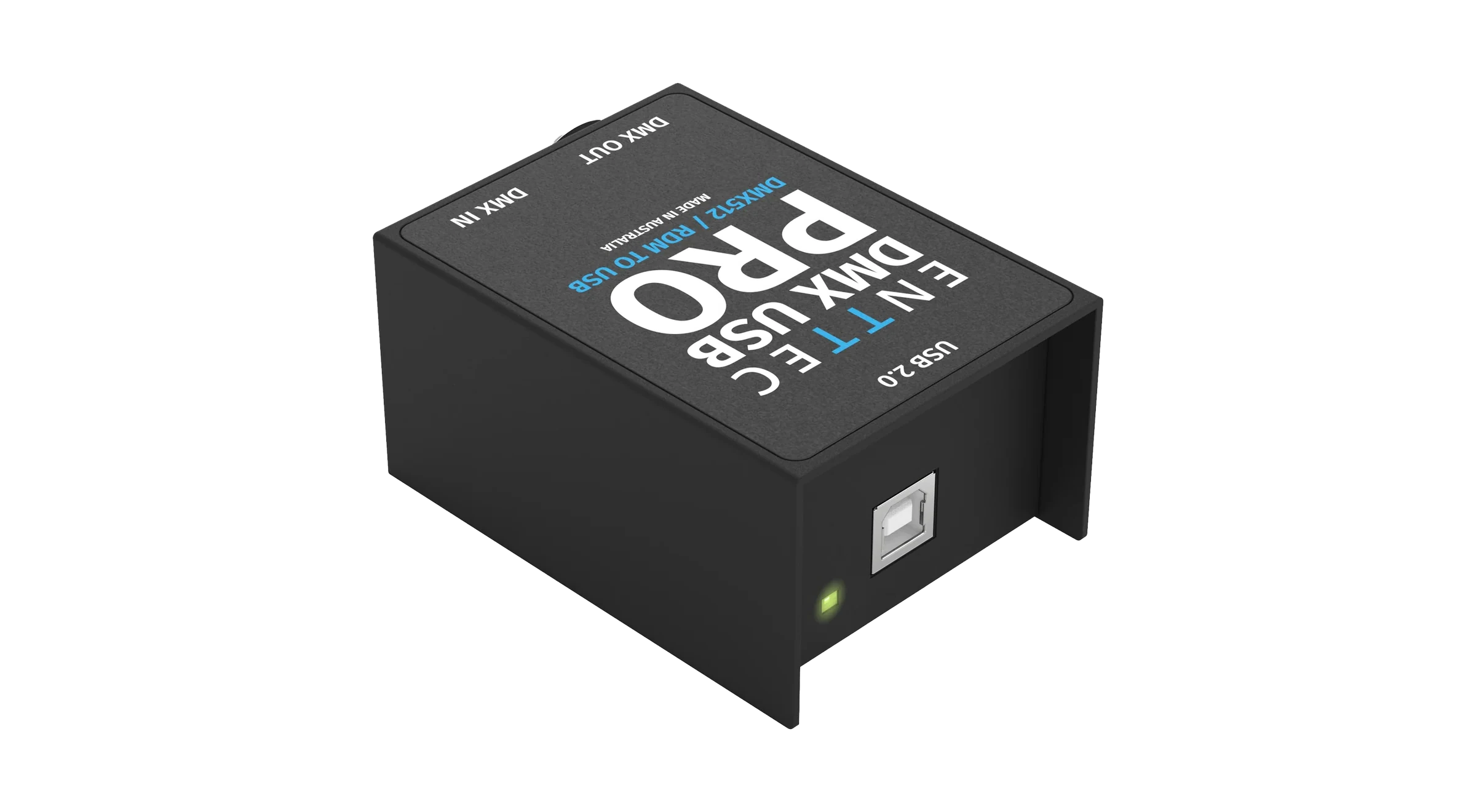 The black DMX USB Pro enclosure at a three-quarter angle from above, its lid printed ENTTEC DMX USB PRO, DMX512 / RDM TO USB, USB 2.0, DMX IN and DMX OUT, and the end panel facing the viewer carrying a silver USB type B socket with a green status LED beside it.