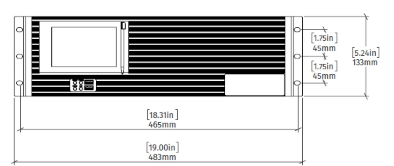 Dimensioned front elevation drawing of ELM HUB, 483 mm across the rack ears and 133 mm high