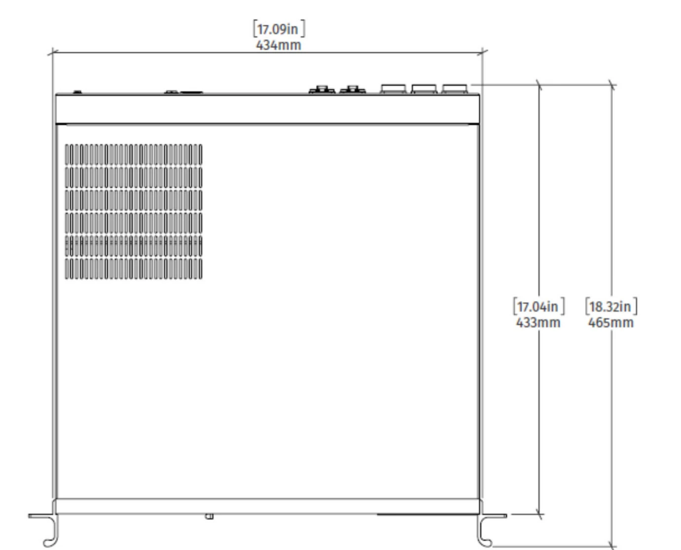 Dimensioned plan view drawing of ELM HUB, 434 mm wide and 465 mm deep including the rack ears