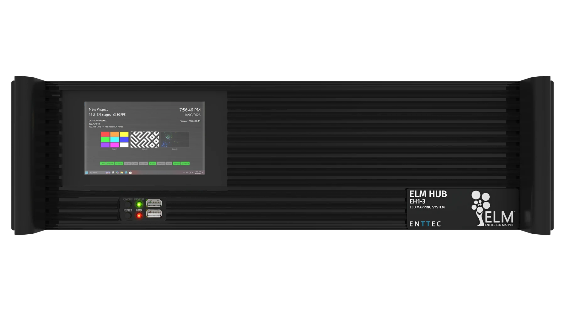 ELM HUB front panel straight on, with the built-in monitor and the two USB 3.0 ports