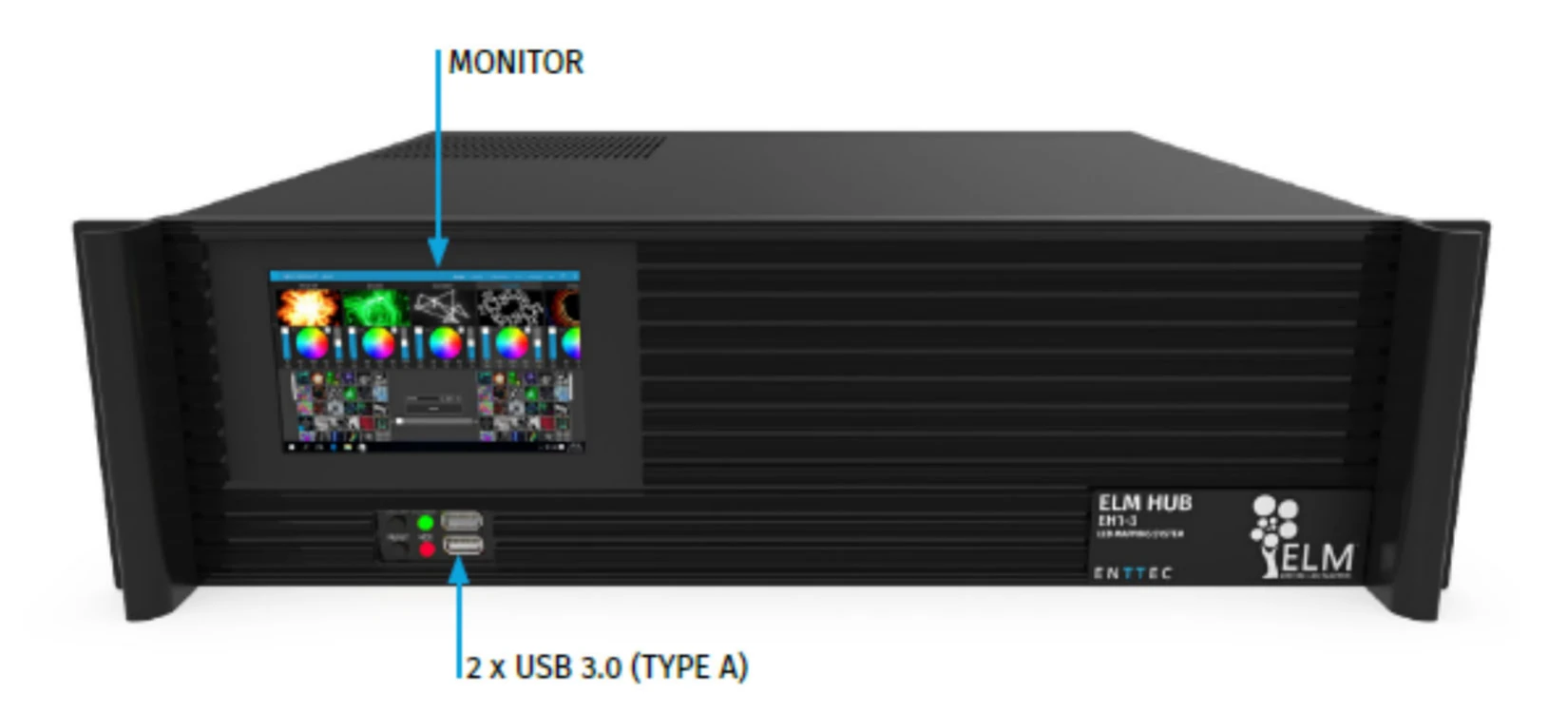 Labelled diagram of the ELM HUB front panel, calling out the status monitor and the two USB 3.0 Type A ports