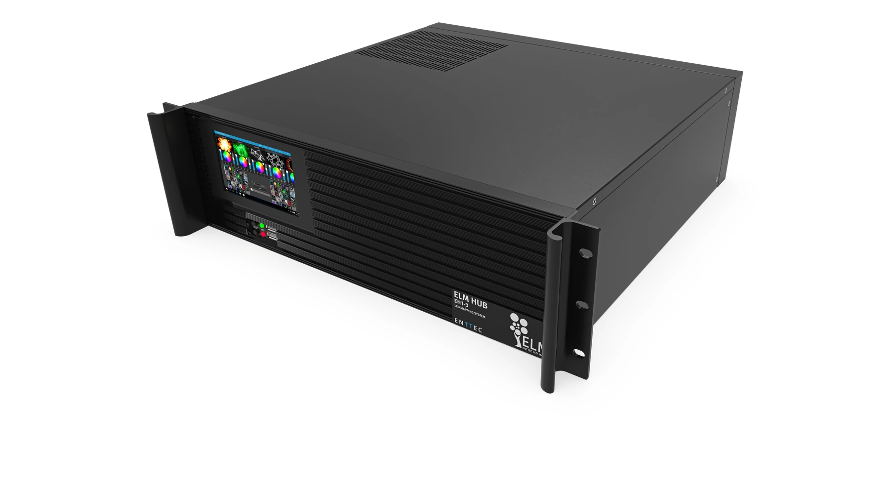 ELM HUB 3RU rack unit, three-quarter view from the front with rack mounting ears fitted