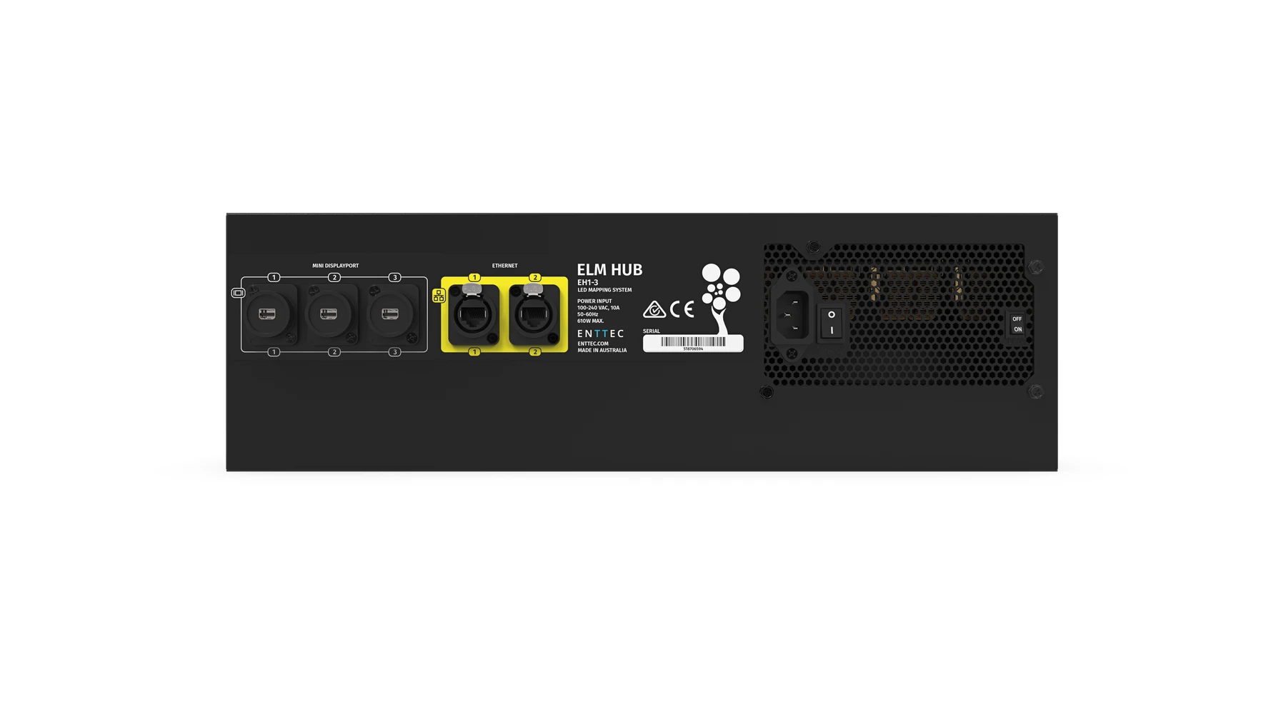 ELM HUB rear panel straight on, with the Mini DisplayPort outputs, the two network ports and the mains inlet
