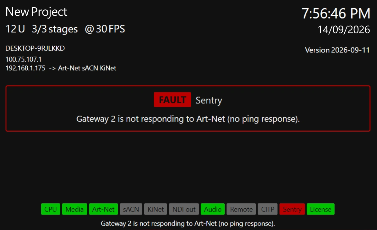 The ELM HUB front monitor showing a fault. A red panel reads FAULT, Sentry, gateway 2 is not responding to Art-Net with no ping response, and the Sentry indicator in the status row has turned red.