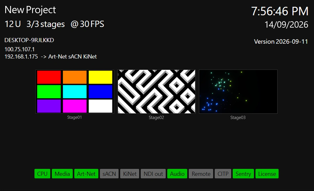 The ELM HUB front monitor during normal operation, showing 12 universes across 3 stages at 30 frames per second, the host name and IP addresses, a live thumbnail of each stage being output, and a row of status indicators with CPU, Media, Art-Net, Audio, Sentry and License in green.