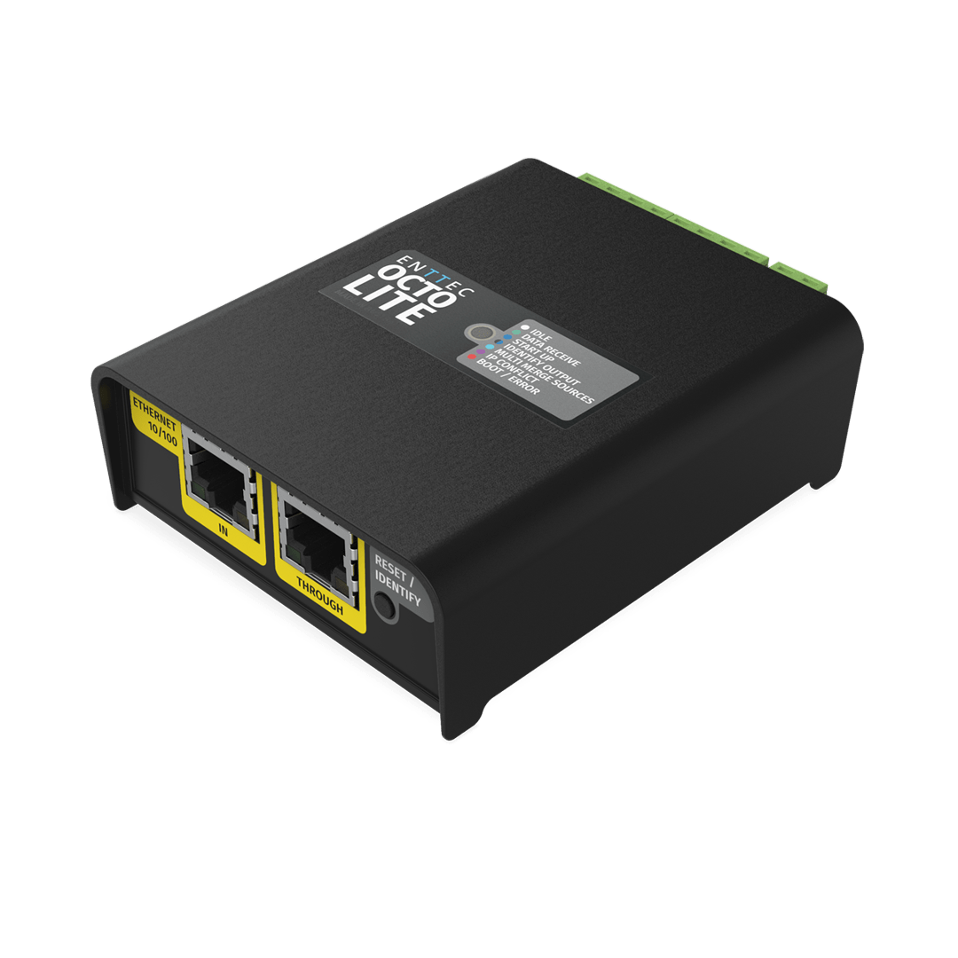 ENTTEC OCTO LITE angled view of the Ethernet ports, alternate angle