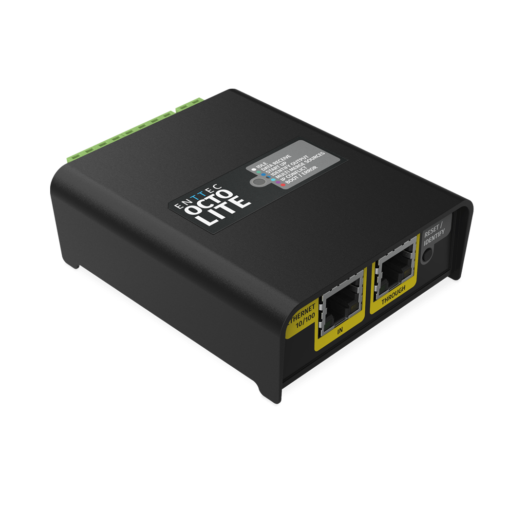 ENTTEC OCTO LITE angled view of the Ethernet ports
