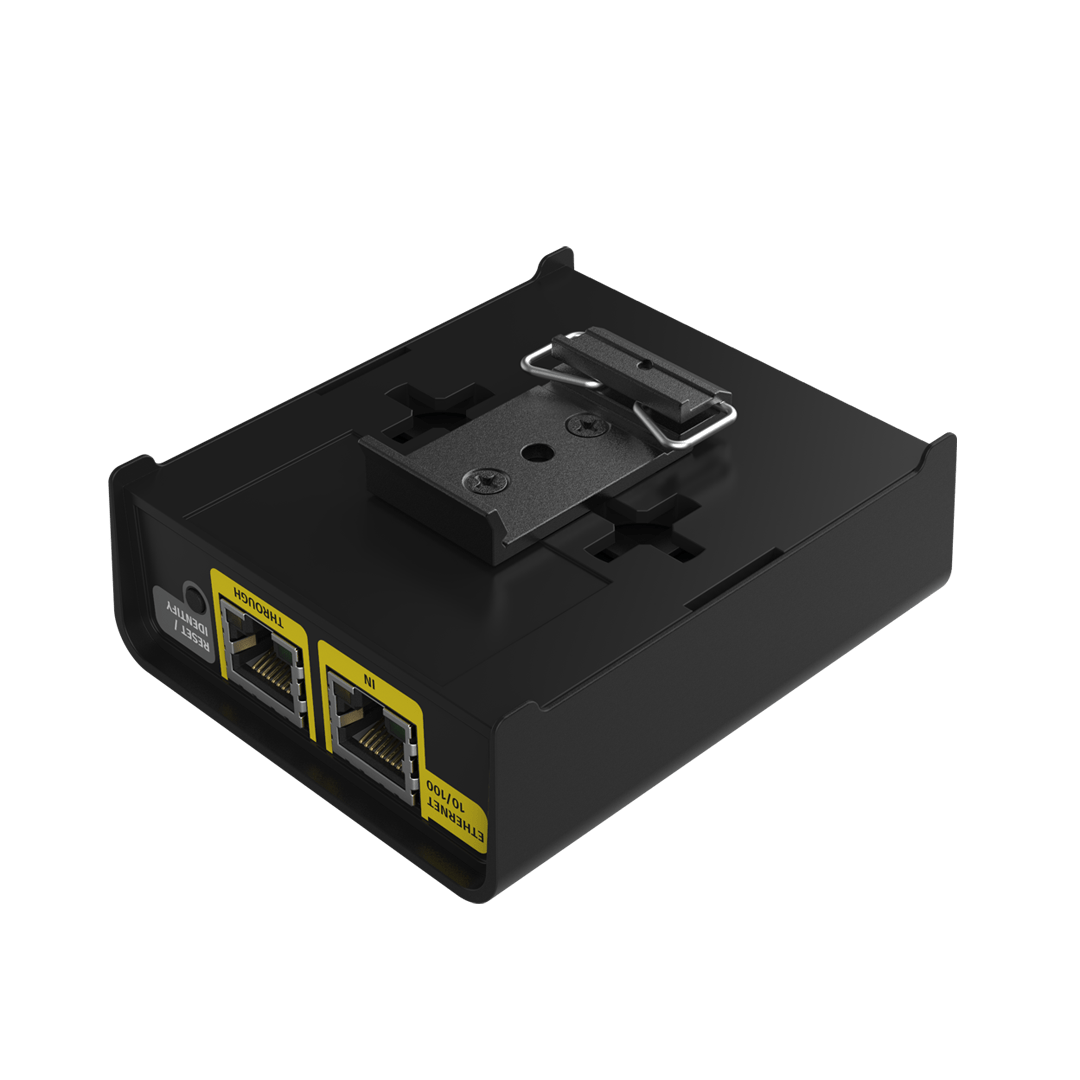 ENTTEC OCTO LITE with DIN-rail mounting clip, angled view