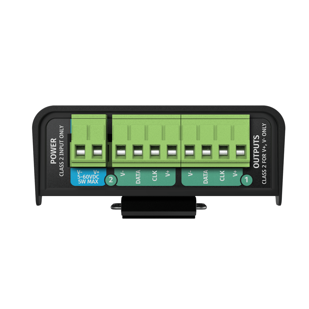 ENTTEC OCTO LITE power and output terminals with DIN-rail clip fitted