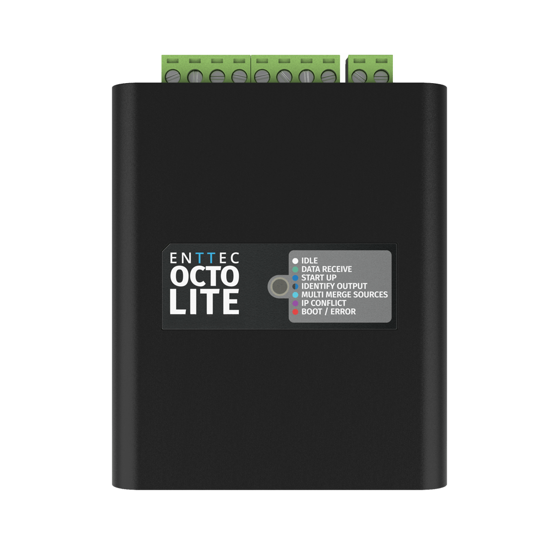 ENTTEC OCTO LITE LED pixel controller, top view showing status indicator label