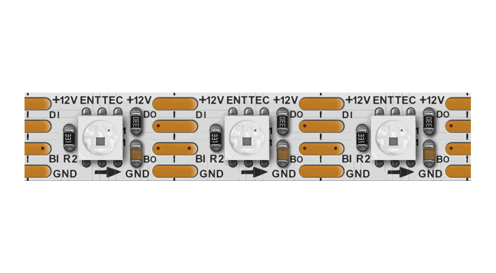 The same strip on a white PCB, three LEDs between copper solder pads marked ENTTEC, DI, DO, BI, BO and GND.