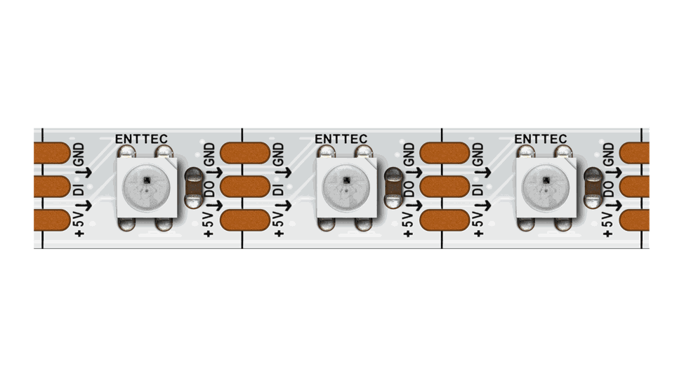 The same strip on a white PCB, three LEDs between copper solder pads marked ENTTEC, +5V, DI, DO and GND.