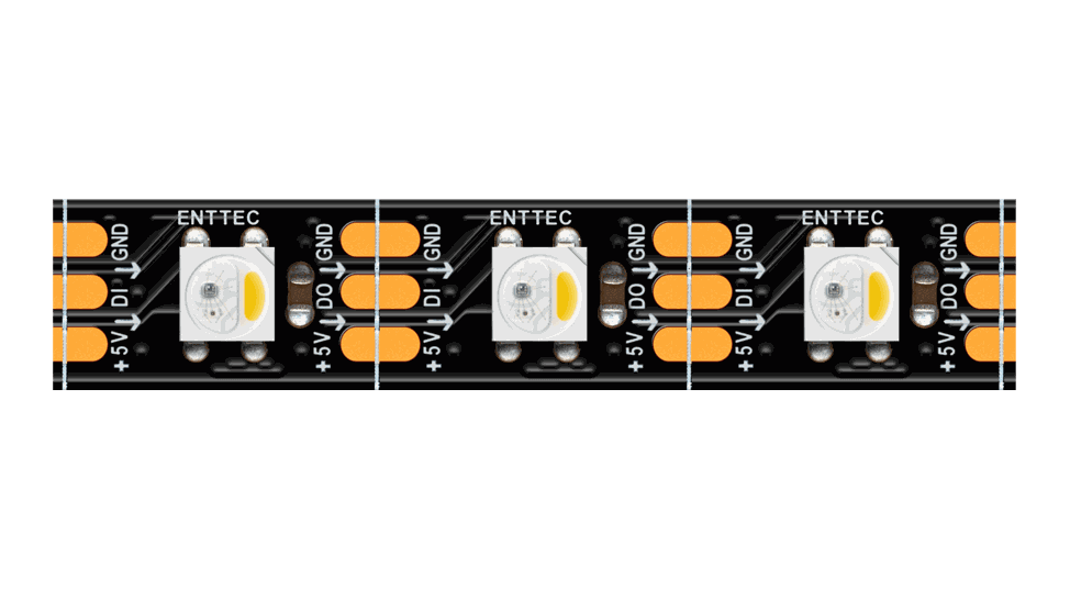 Close-up of the black PCB strip, three LED packages of four emitters between copper solder pads marked ENTTEC, +5V, DI, DO and GND.