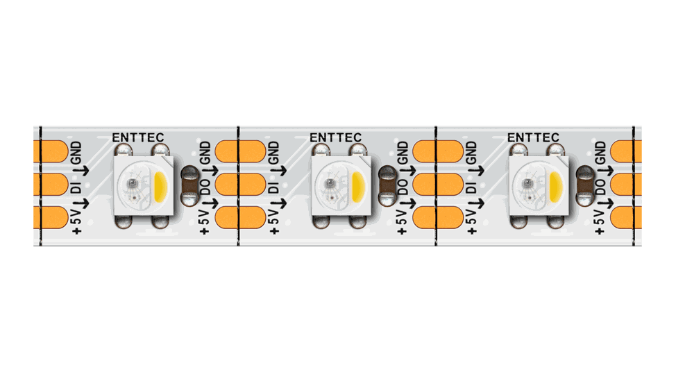 The same strip on a white PCB, three LED packages of four emitters between copper solder pads marked ENTTEC, +5V, DI, DO and GND.